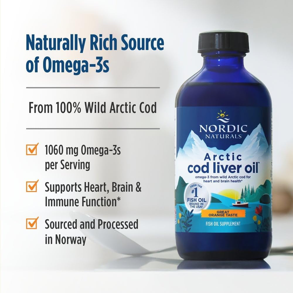 Arctic Cod Liver Oil, Orange - 8 Oz - 1060 Mg Total Omega-3S with EPA & DHA - Heart & Brain Health, Healthy Immunity, Overall Wellness - Non-Gmo - 48 Servings