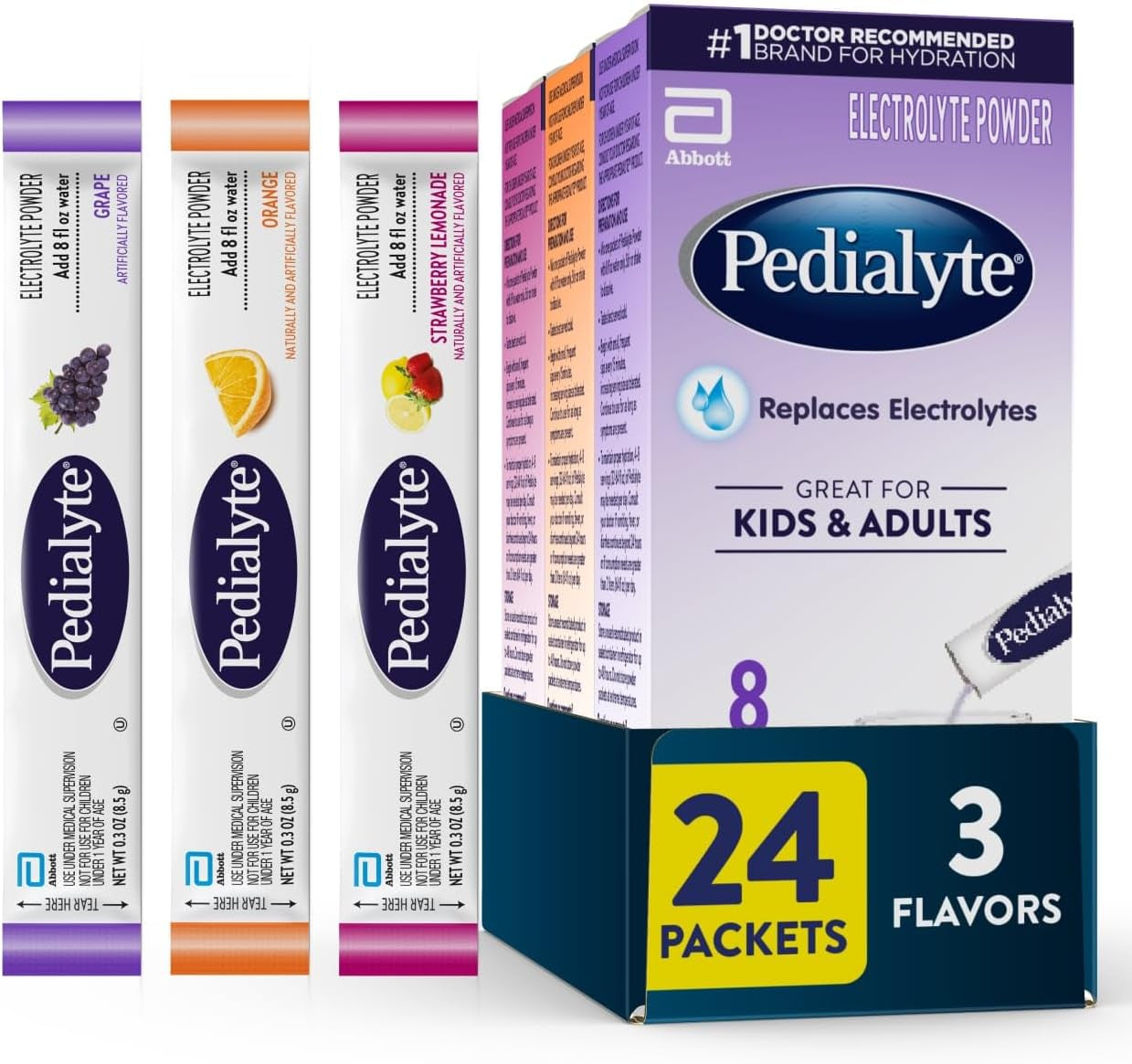 Electrolyte Powder | Hydration Drink for Kids & Adults | Variety Pack: Grape, Strawberry Lemonade, and Orange, 24 Powder Packets
