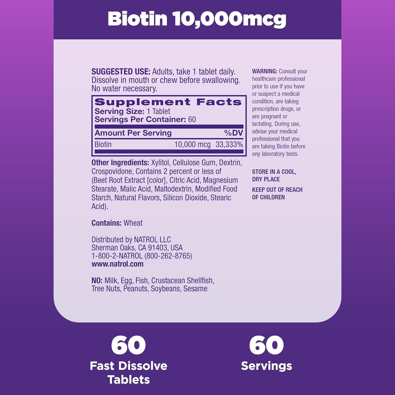 Biotin 10000Mcg, 4X Faster Dissolve Supplement for Healthy Hair, Skin and Nails for Those Low in Biotin, plus Energy Metabolism Support, 60 Tablets, up to a 60 Day Supply