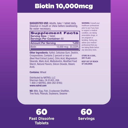 Biotin 10000Mcg, 4X Faster Dissolve Supplement for Healthy Hair, Skin and Nails for Those Low in Biotin, plus Energy Metabolism Support, 60 Tablets, up to a 60 Day Supply