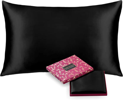 100% Mulberry Silk Pillowcase for Hair and Skin Health, Hidden Zipper, 22 Momme, Both Sides Smooth, Breathable and Natural, Machine Washable, (Standard, Black)