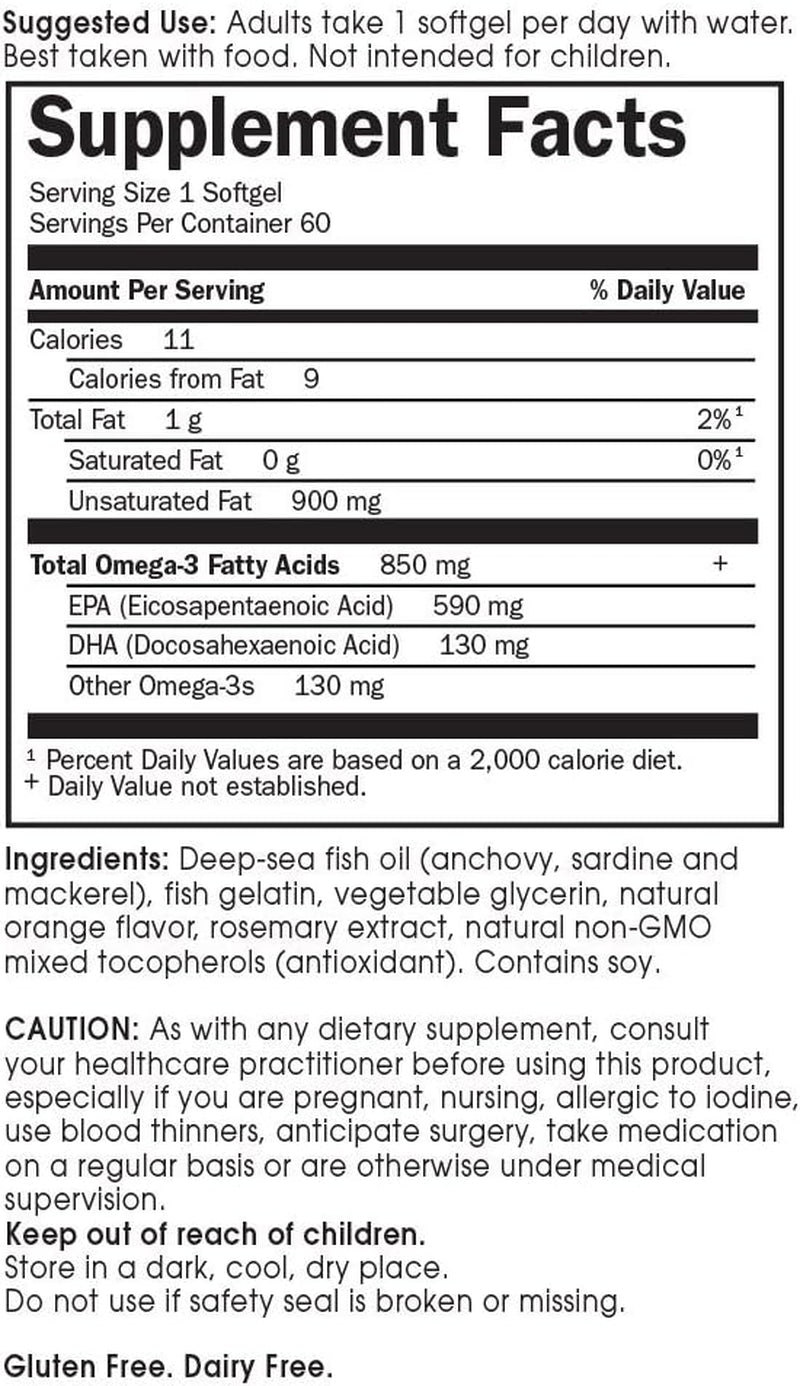 Fish Oil Omega 3 EPA/DHA for Natural Brain Function, Heart & Mood, 850Mg Fatty Acid Supplements, Minami - Orange Flavor Ultimate Once Daily, 60 Softgels | Two Month Supply, Gluten Free