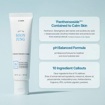 Soonjung 2X Barrier Intensive Cream Original, Face Moisturizer, Shea Butter Hydrating Facial Cream for Sensitive Skin, Water-Oil Balance & Panthenol, Korean Skin Care (2.02 Fl Oz)