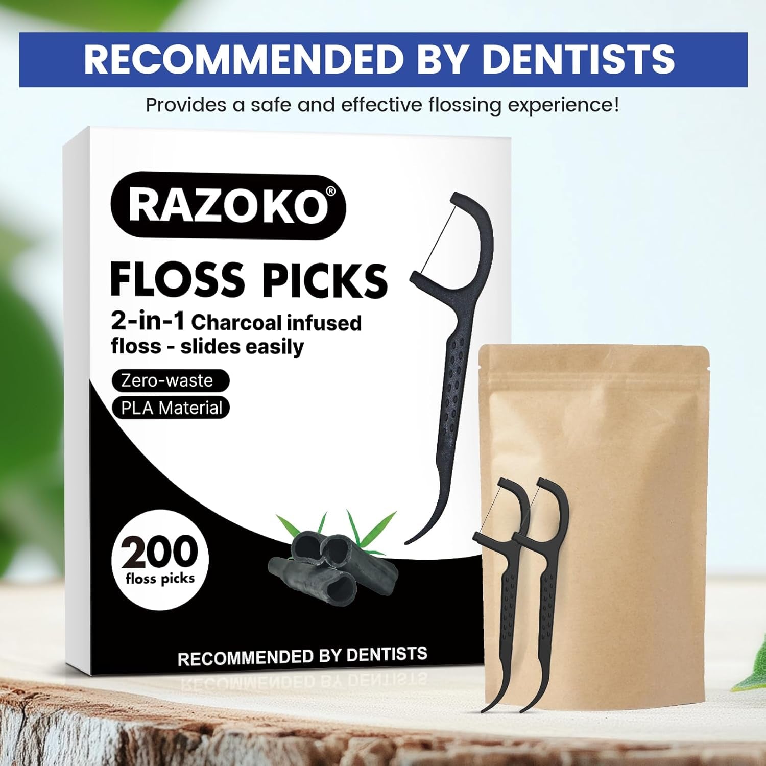 Natural Dental Floss Picks High Toughness Charcoal Toothpicks Sticks-Vegan,Eco-Friendly Sustainable Flossers for Teeth Cleaning (200 Count)