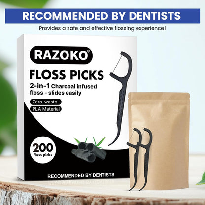 Natural Dental Floss Picks High Toughness Charcoal Toothpicks Sticks-Vegan,Eco-Friendly Sustainable Flossers for Teeth Cleaning (200 Count)
