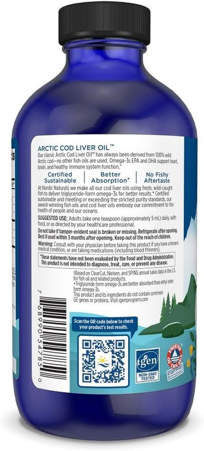 Arctic Cod Liver Oil, Orange - 8 Oz - 1060 Mg Total Omega-3S with EPA & DHA - Heart & Brain Health, Healthy Immunity, Overall Wellness - Non-Gmo - 48 Servings