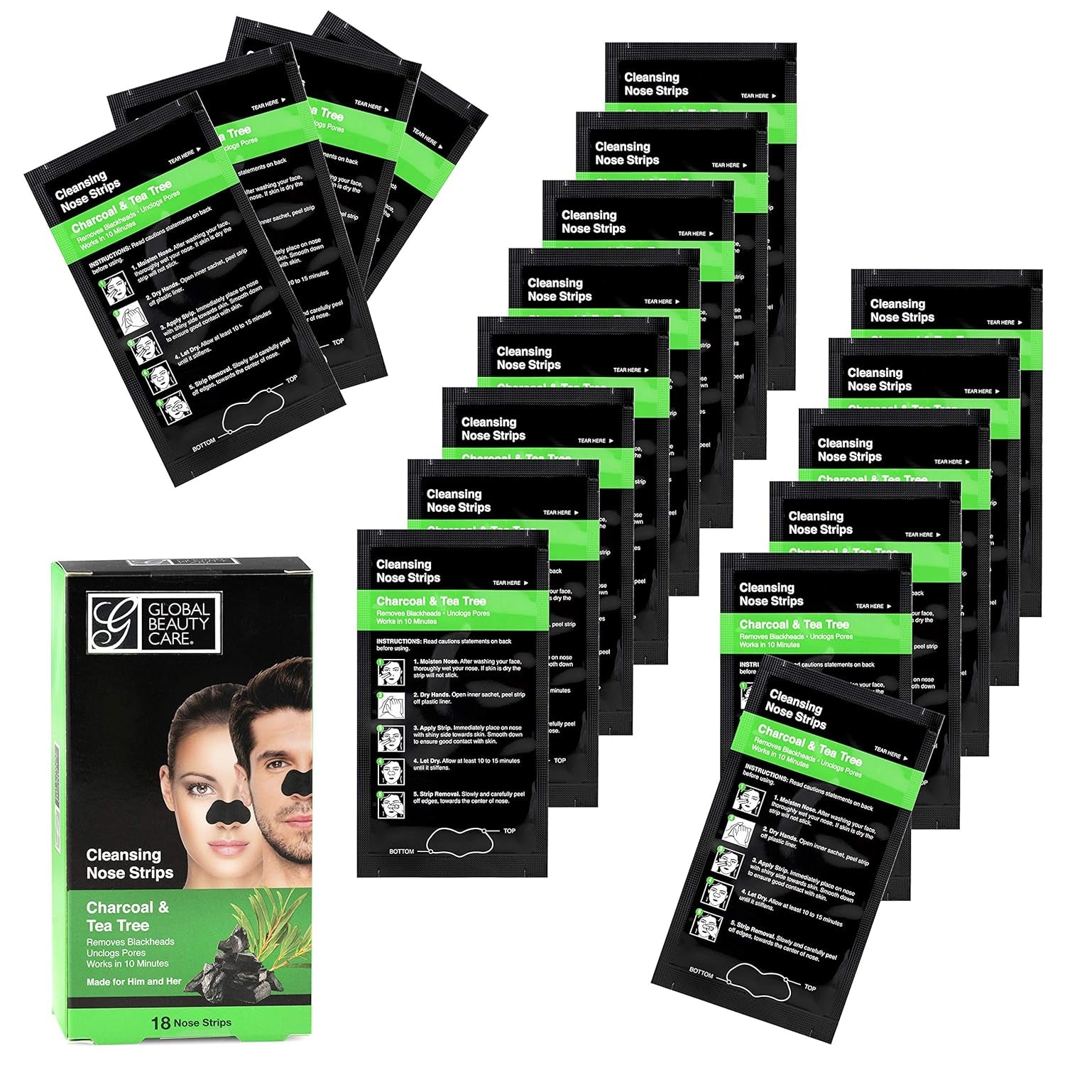 18 Nose Cleansing Strips of Activated Charcoal & Tea Tree Nose Strips for Blackheads Removal Charcoal Blackhead Remover Strips - 18 Ct