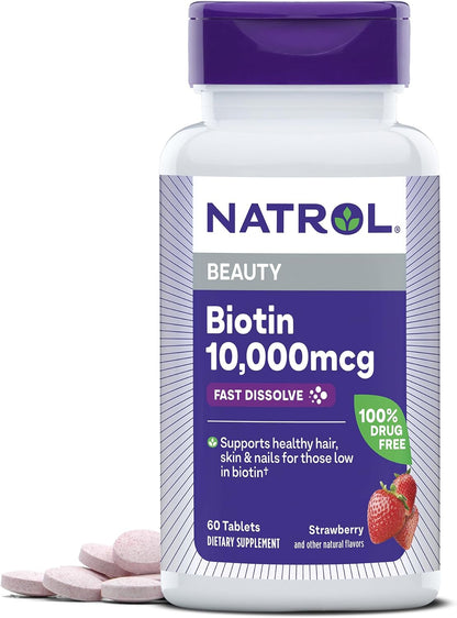 Biotin 10000Mcg, 4X Faster Dissolve Supplement for Healthy Hair, Skin and Nails for Those Low in Biotin, plus Energy Metabolism Support, 60 Tablets, up to a 60 Day Supply
