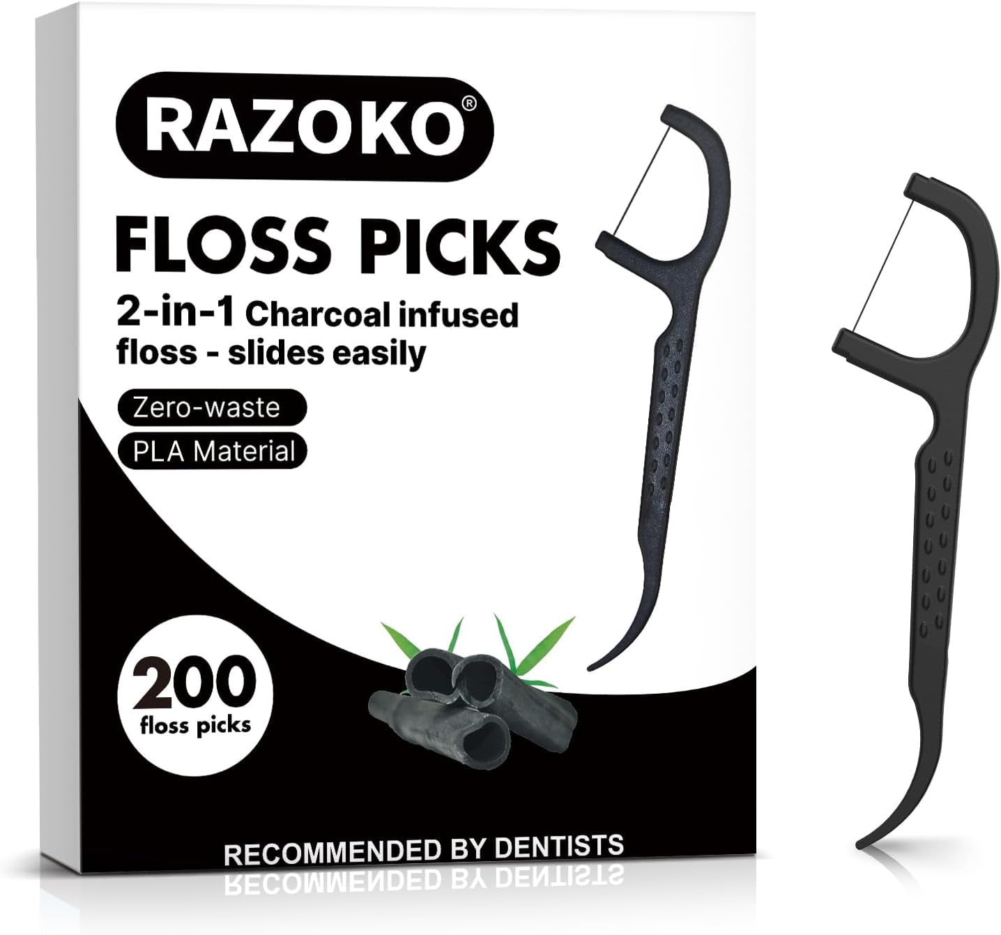 Natural Dental Floss Picks High Toughness Charcoal Toothpicks Sticks-Vegan,Eco-Friendly Sustainable Flossers for Teeth Cleaning (200 Count)