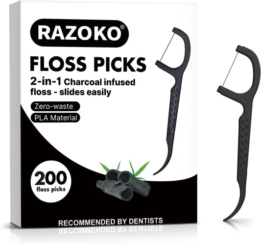 Natural Dental Floss Picks High Toughness Charcoal Toothpicks Sticks-Vegan,Eco-Friendly Sustainable Flossers for Teeth Cleaning (200 Count)