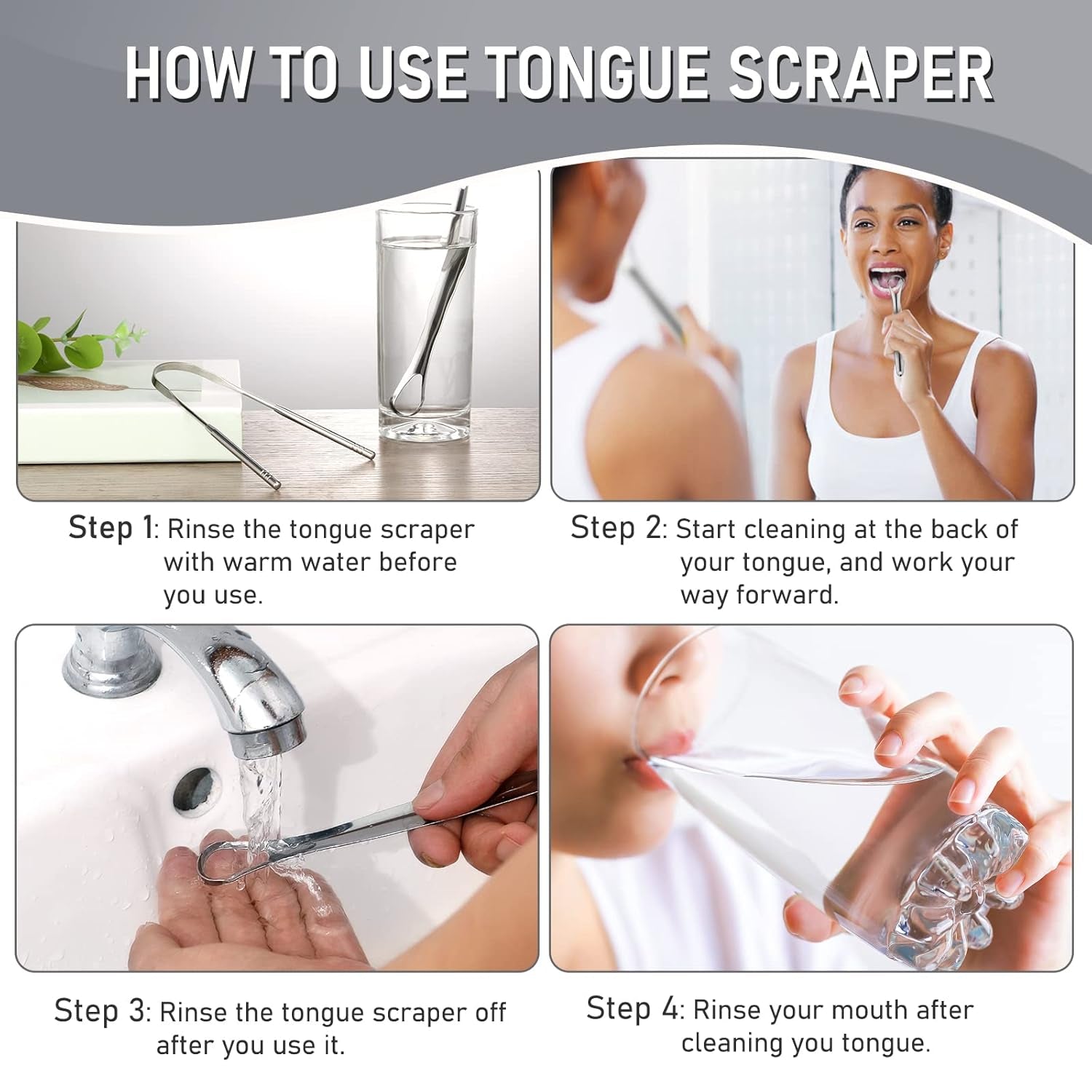 4 Pack Tongue Scraper, Hygienic Seal-Pack, Professional Eliminate Bad Breath, Stainless Steel Tongue Scrapers, Effectively Improve Oral and Gut Health -Silver