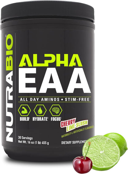 Alpha EAA - All-Day Amino Acids for Muscle Growth and Hydration - Essential Amino Acids with Nootropics & Adaptogens- Full Spectrum EAA BCAA Powder - 30 Servings - Cherry Lime Slush