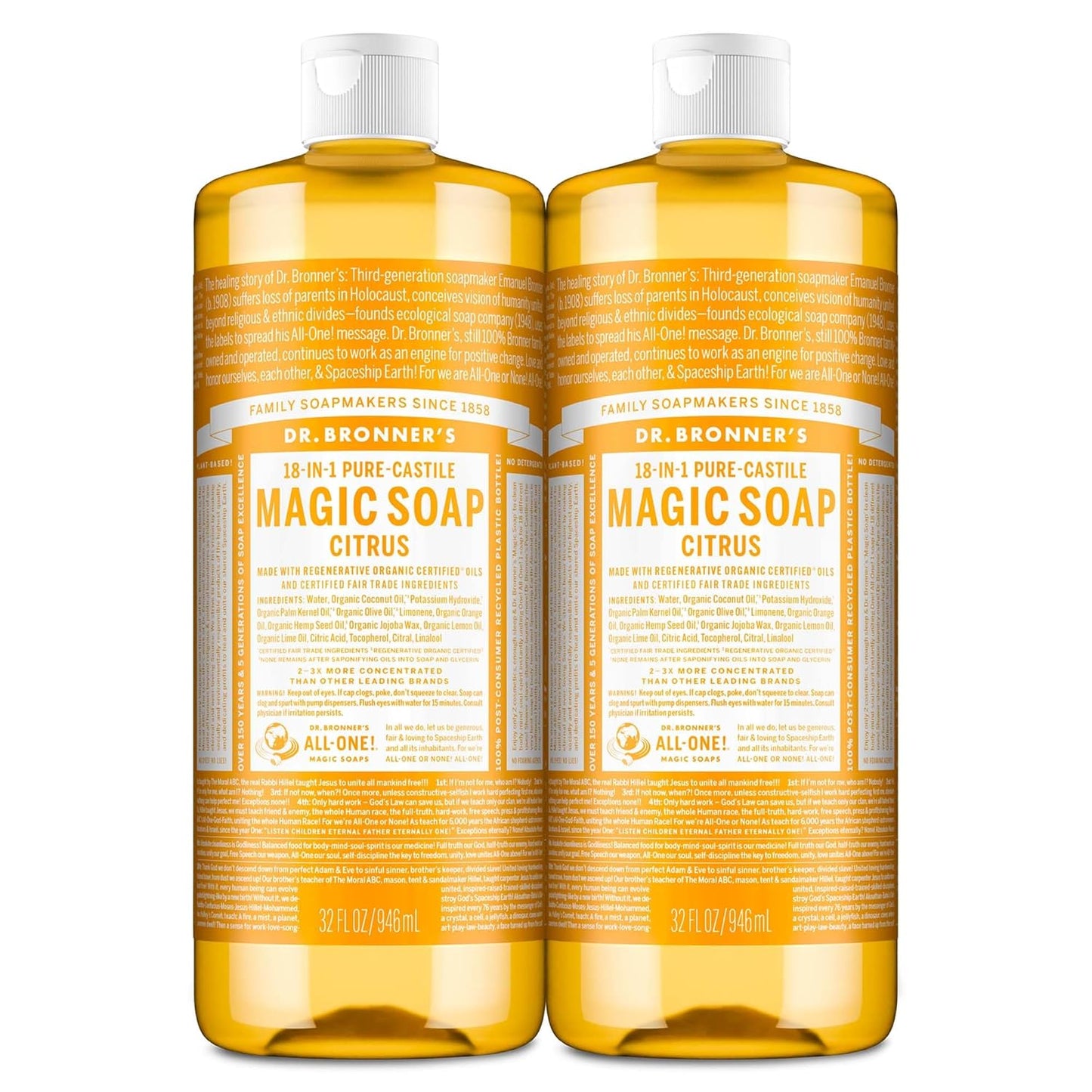 Magic Soap-Pure-Castile Liquid Soap (Citrus, 32 Ounce, 2-Pack)-Regenerative Organic Certified Oils, 18-In-1 Uses: Body, Hair, Laundry, Pets & Dishes, Concentrated, Vegan, Non-Gmo