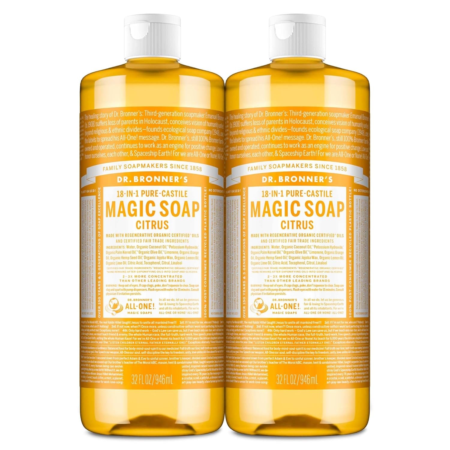 Magic Soap-Pure-Castile Liquid Soap (Citrus, 32 Ounce, 2-Pack)-Regenerative Organic Certified Oils, 18-In-1 Uses: Body, Hair, Laundry, Pets & Dishes, Concentrated, Vegan, Non-Gmo