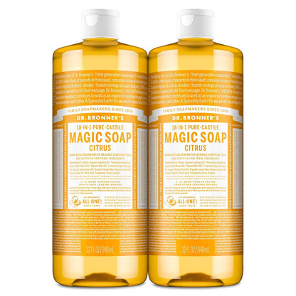 Magic Soap-Pure-Castile Liquid Soap (Citrus, 32 Ounce, 2-Pack)-Regenerative Organic Certified Oils, 18-In-1 Uses: Body, Hair, Laundry, Pets & Dishes, Concentrated, Vegan, Non-Gmo